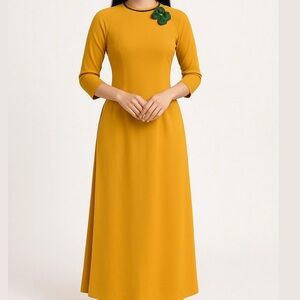 Mustard Ao Dai with Green Floral Accent Set Of 2 Top And Pants